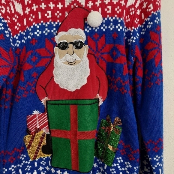 JOLLY SWEATERS Men's Ugly Christmas Sweater Size M Santa Pouch Pocket for‎ Drink - Picture 3 of 8